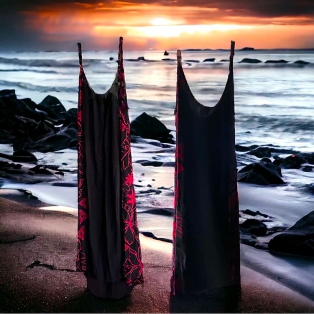 Hula Bay l Maxi l Sundress l Black w/ Tropical Red Floral l 100% Rayon l XXL EUC